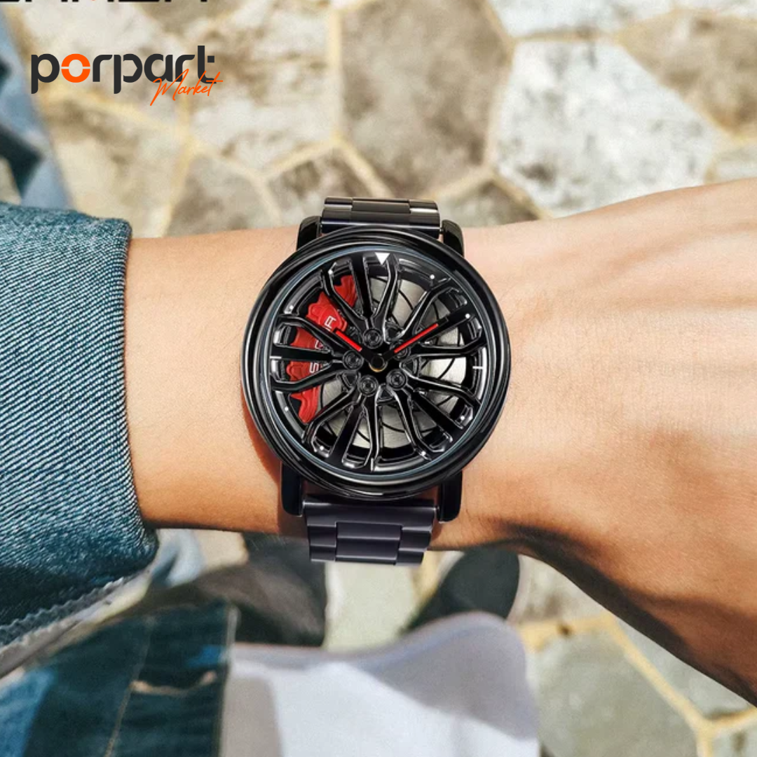 Men Fashion Hot Sell Car Rim Wristwatch 360 Degree Rotating Wheel Rim Dial Watches Stainless Steel Waterproof Sport Quartz Clock