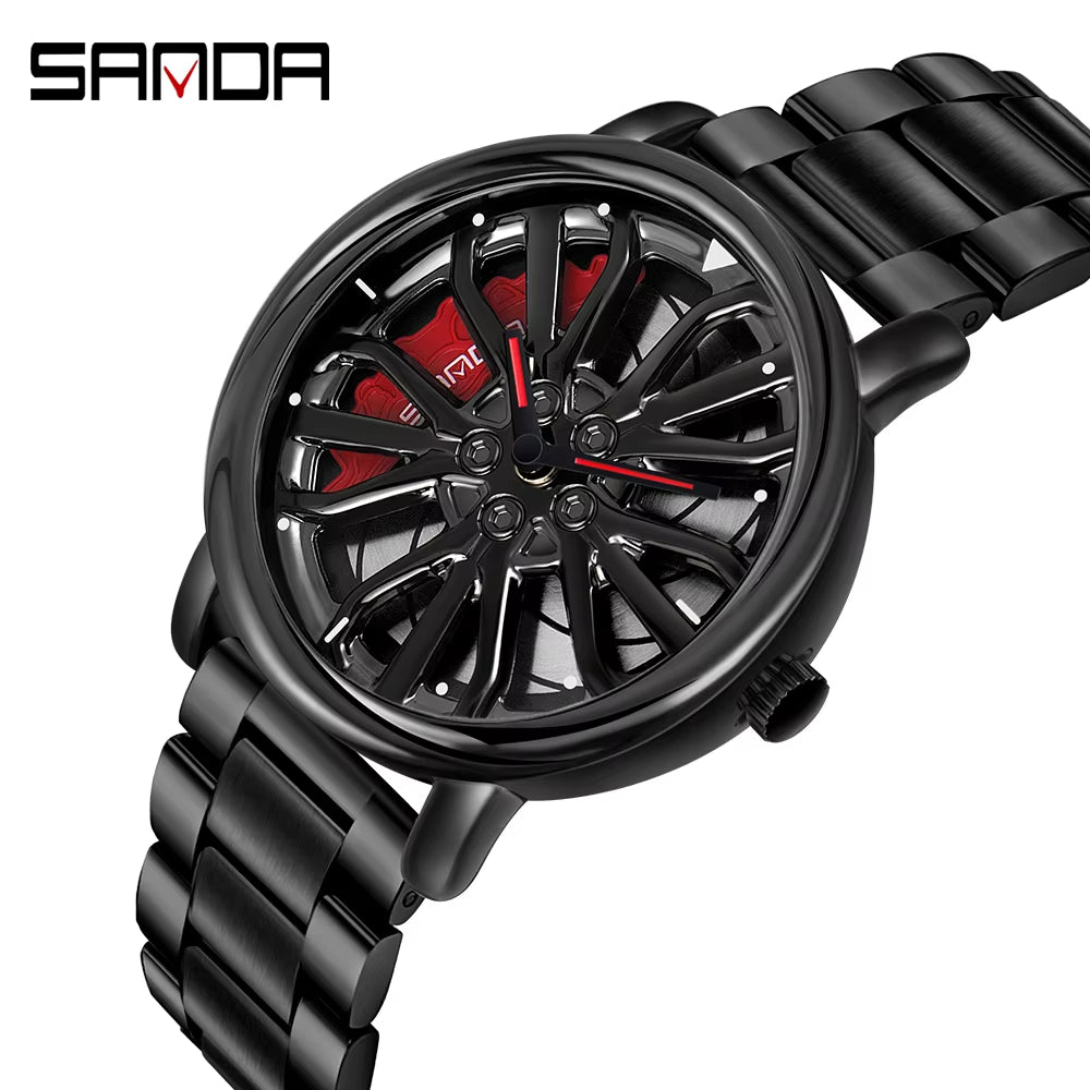 Men Fashion Hot Sell Car Rim Wristwatch 360 Degree Rotating Wheel Rim Dial Watches Stainless Steel Waterproof Sport Quartz Clock