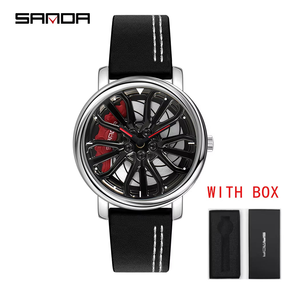 Men Fashion Hot Sell Car Rim Wristwatch 360 Degree Rotating Wheel Rim Dial Watches Stainless Steel Waterproof Sport Quartz Clock