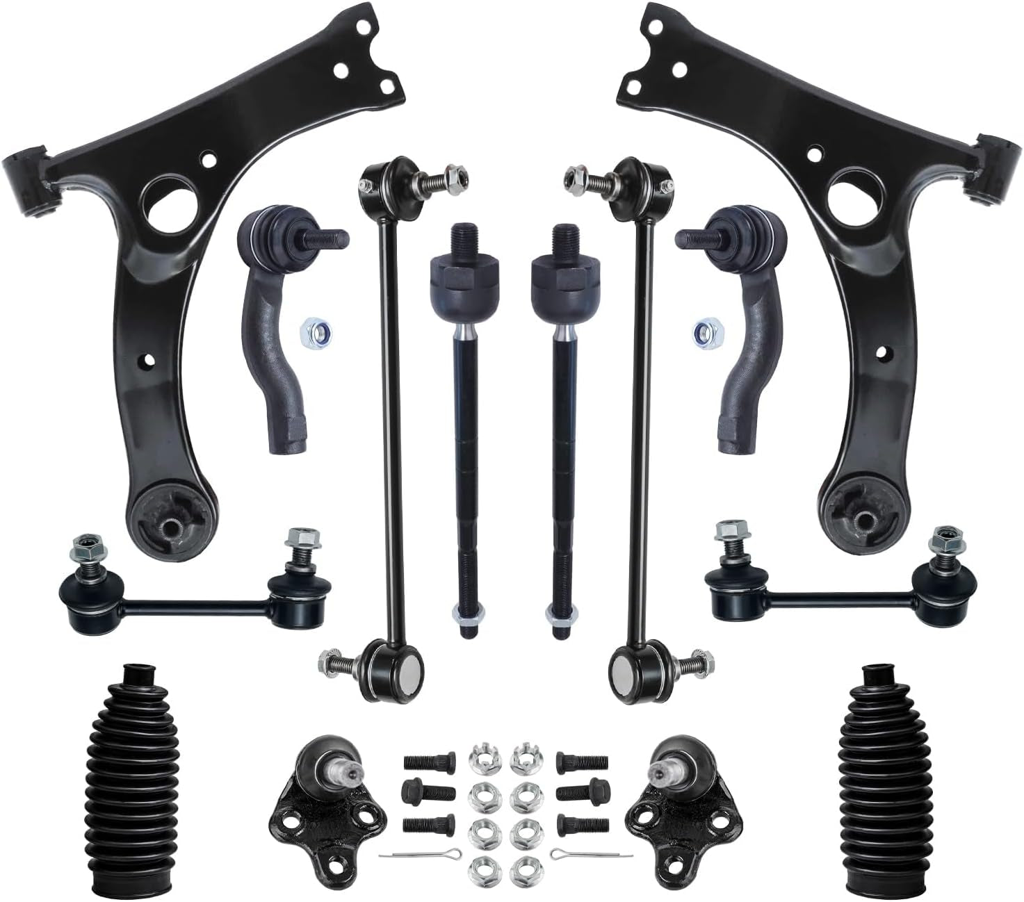 - Front End 14Pc Suspension Kit for 2001-2005 Toyota Rav4 2002 2003 2004, 2 Lower Control Arms, 2 Lower Ball Joints, 4 Inner & Outer Tie Rods, 4 Front Rear Sway Bars, 2 Boots, Replacement