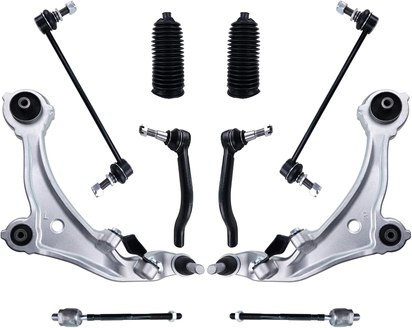 10Pcs Front Suspension Lower Control Arm W/Ball Joint Bushings Sway Bar Link Inner Outer Tie Rod Rack & Pinion Boot Replacement for 2009-2014 Nissan Murano K622157 K622158