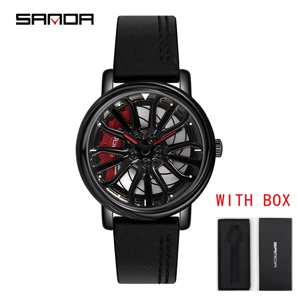 Men Fashion Hot Sell Car Rim Wristwatch 360 Degree Rotating Wheel Rim Dial Watches Stainless Steel Waterproof Sport Quartz Clock