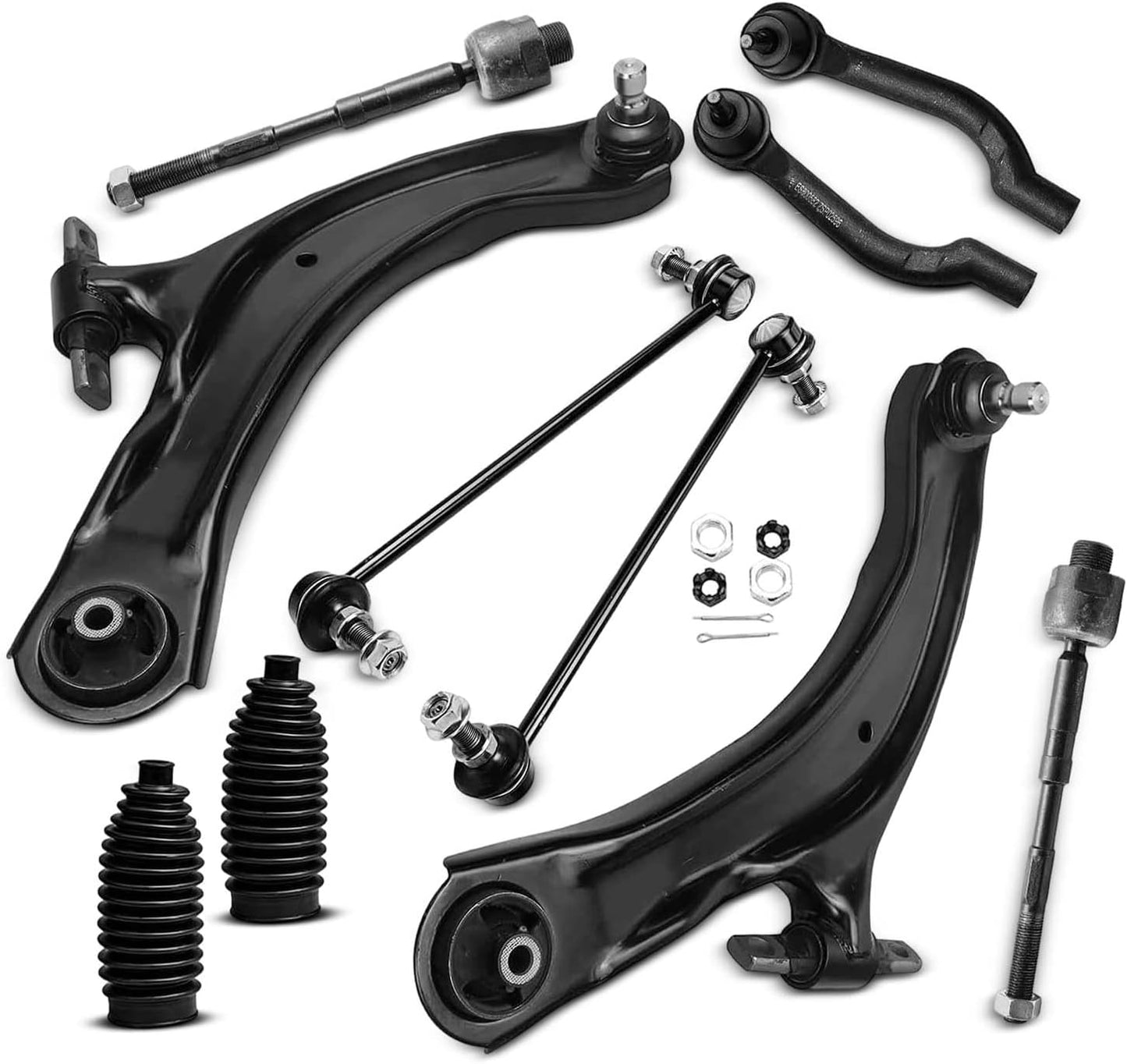10Pcs Front Suspension Kit, Front Lower Control Arm, Inner & Outer Tie Rod End, Sway Bar Link, Rack and Pinion Boot, Compatible with Nissan Rogue 2008-2013, Rogue Select 2014-2015