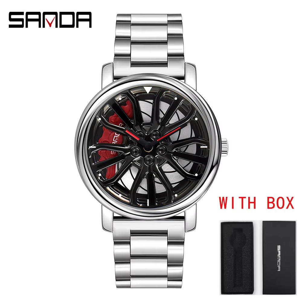 Men Fashion Hot Sell Car Rim Wristwatch 360 Degree Rotating Wheel Rim Dial Watches Stainless Steel Waterproof Sport Quartz Clock