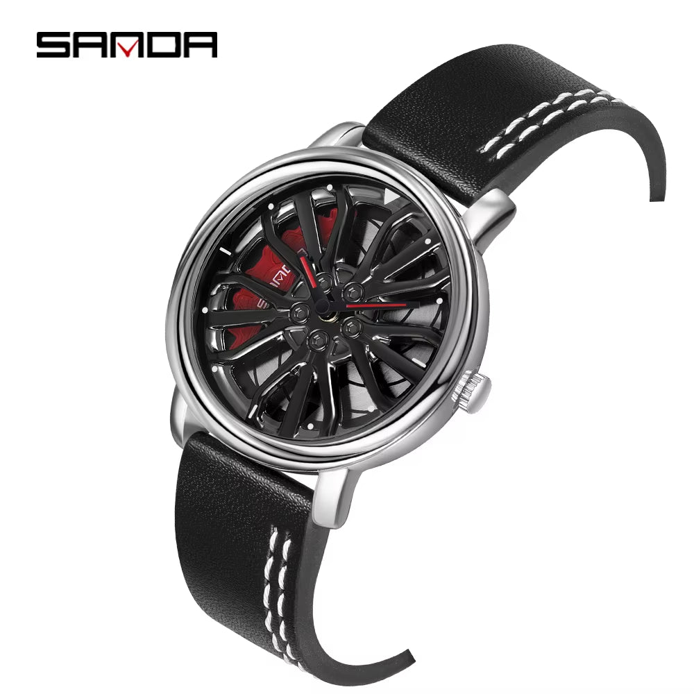 Men Fashion Hot Sell Car Rim Wristwatch 360 Degree Rotating Wheel Rim Dial Watches Stainless Steel Waterproof Sport Quartz Clock