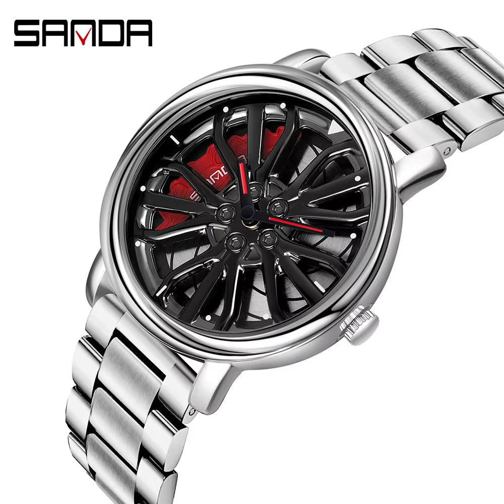 Men Fashion Hot Sell Car Rim Wristwatch 360 Degree Rotating Wheel Rim Dial Watches Stainless Steel Waterproof Sport Quartz Clock