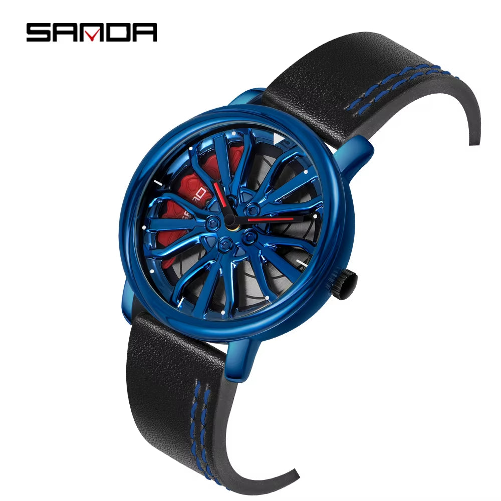 Men Fashion Hot Sell Car Rim Wristwatch 360 Degree Rotating Wheel Rim Dial Watches Stainless Steel Waterproof Sport Quartz Clock