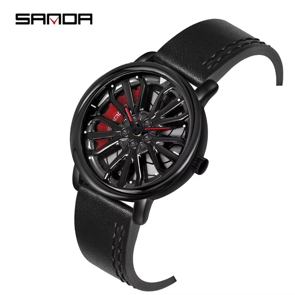 Men Fashion Hot Sell Car Rim Wristwatch 360 Degree Rotating Wheel Rim Dial Watches Stainless Steel Waterproof Sport Quartz Clock