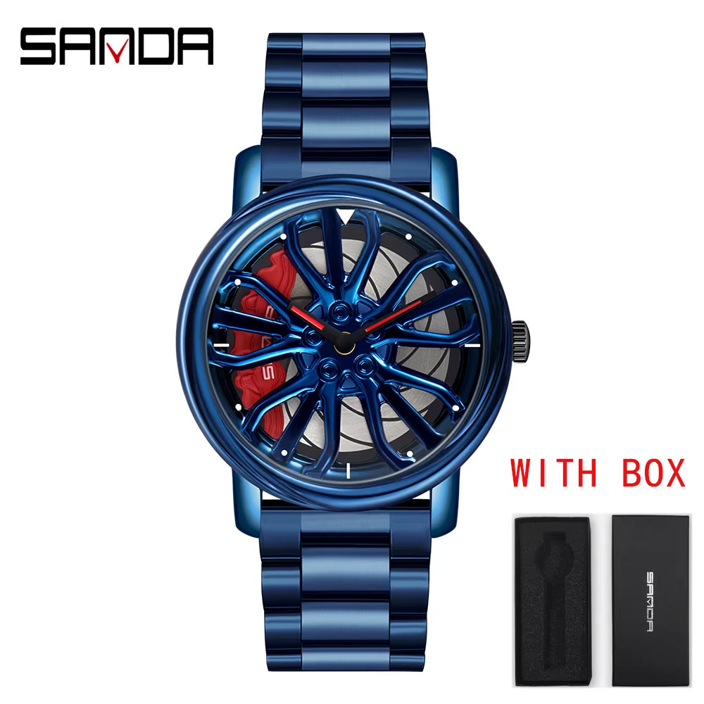 Men Fashion Hot Sell Car Rim Wristwatch 360 Degree Rotating Wheel Rim Dial Watches Stainless Steel Waterproof Sport Quartz Clock
