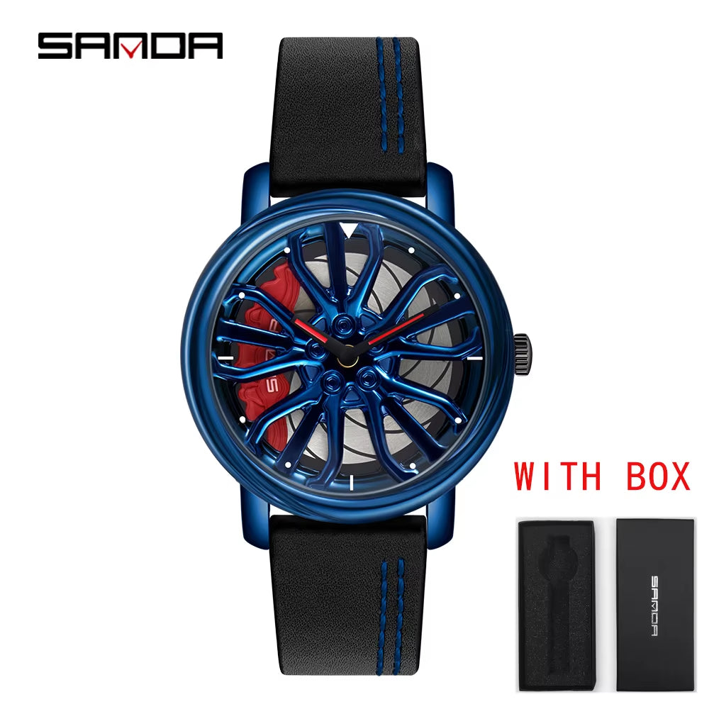 Men Fashion Hot Sell Car Rim Wristwatch 360 Degree Rotating Wheel Rim Dial Watches Stainless Steel Waterproof Sport Quartz Clock
