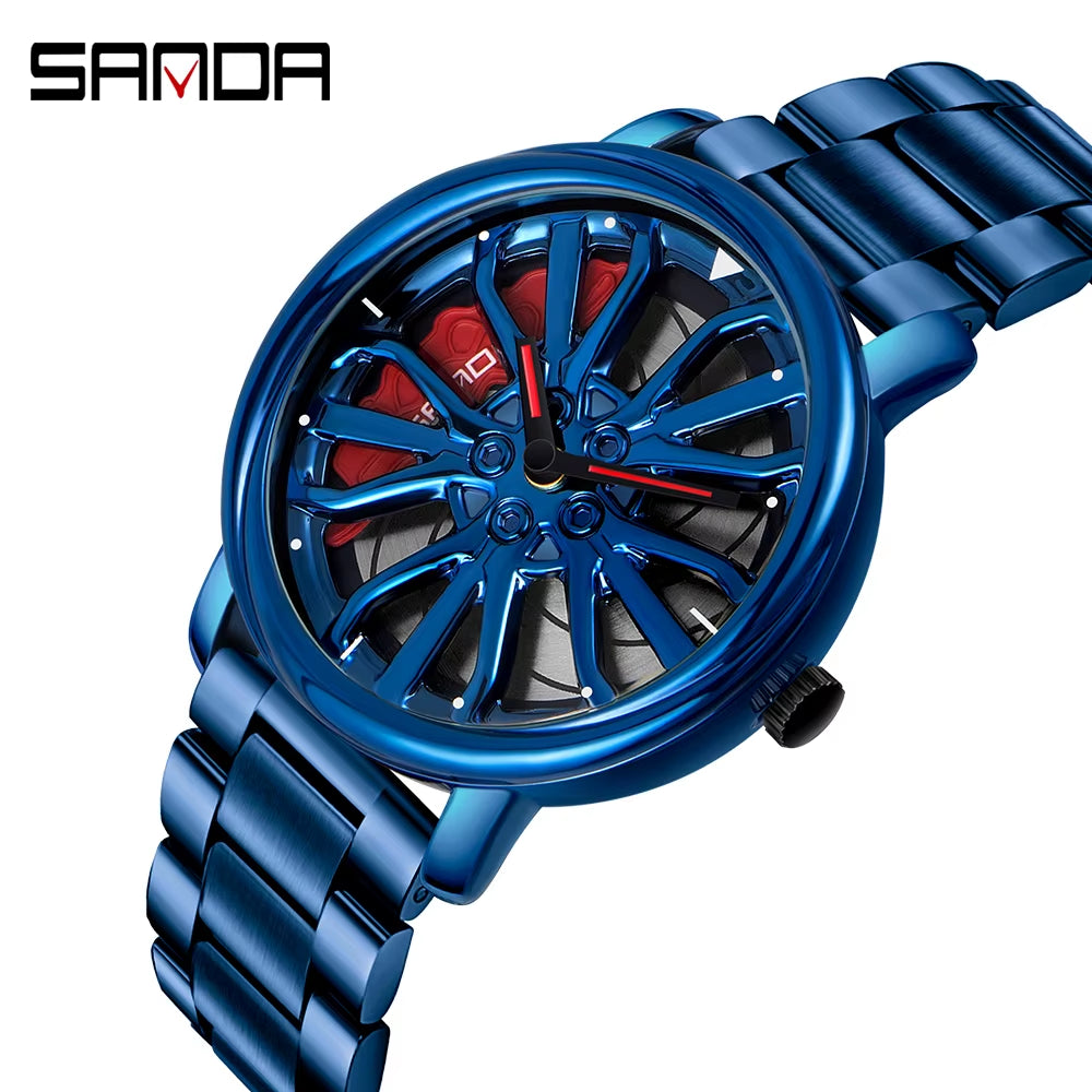Men Fashion Hot Sell Car Rim Wristwatch 360 Degree Rotating Wheel Rim Dial Watches Stainless Steel Waterproof Sport Quartz Clock