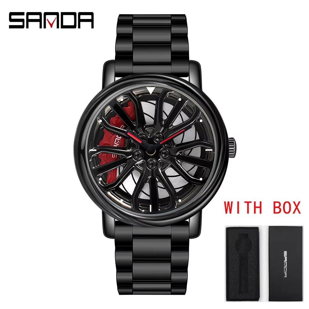 Men Fashion Hot Sell Car Rim Wristwatch 360 Degree Rotating Wheel Rim Dial Watches Stainless Steel Waterproof Sport Quartz Clock