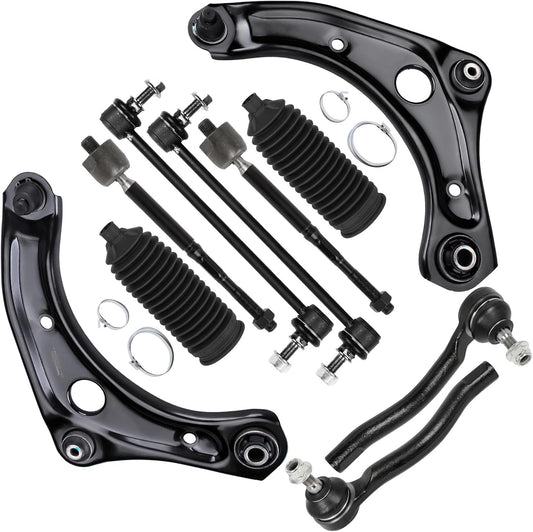 10Pcs  Front Suspension Kit Fit for Nissan Versa Note 2014-2019 for Nissan Versa 2012-2019 Lower Control Arm with Ball Joint Outer Inner Tie Rod End W/Steering Boot Sway Bar Link
