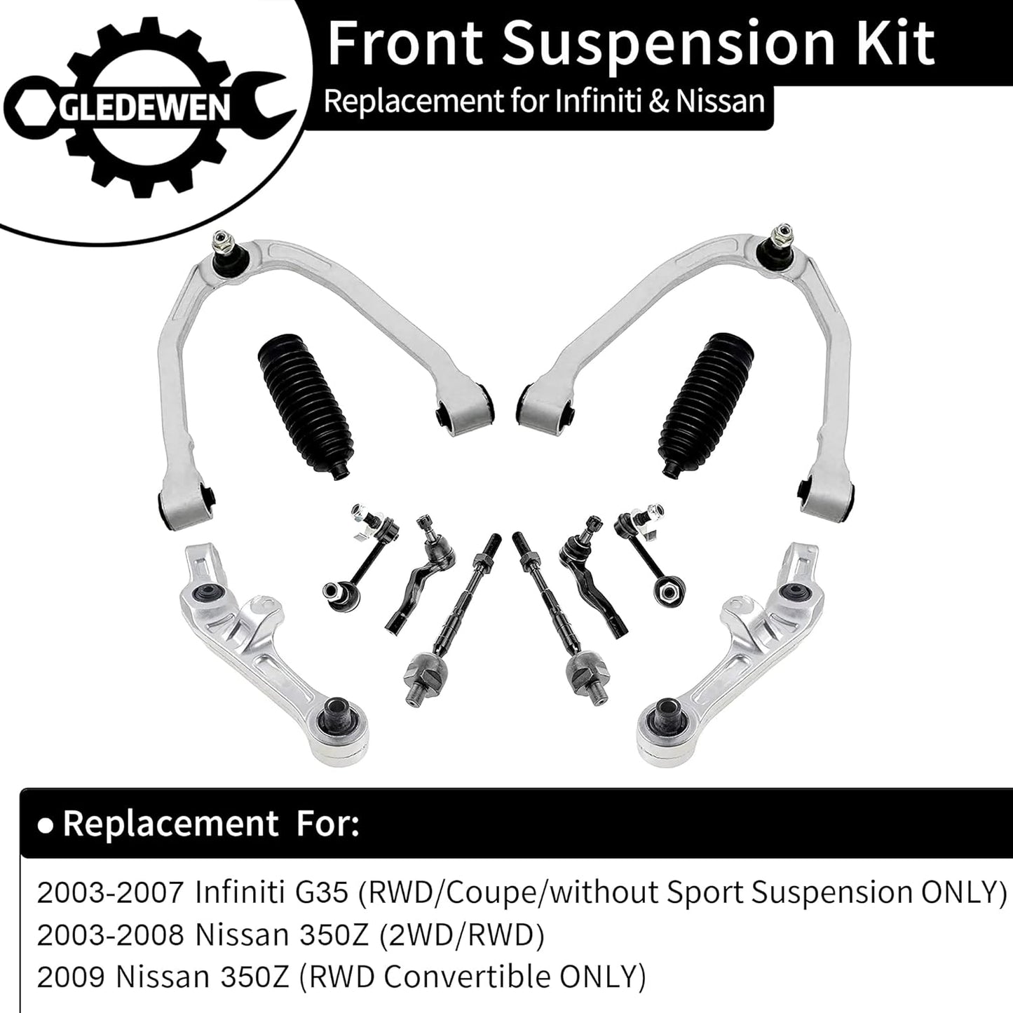 Front Suspension Kit, Compatible with 2003-2009 Infiniti G35 Coupe, Nissan 350Z, W/Front Control Arm Assembly & Sway Bar End Link & Tie Rod End & Rack and Pinion Bellow Boots (14PCS), K621690 K621936