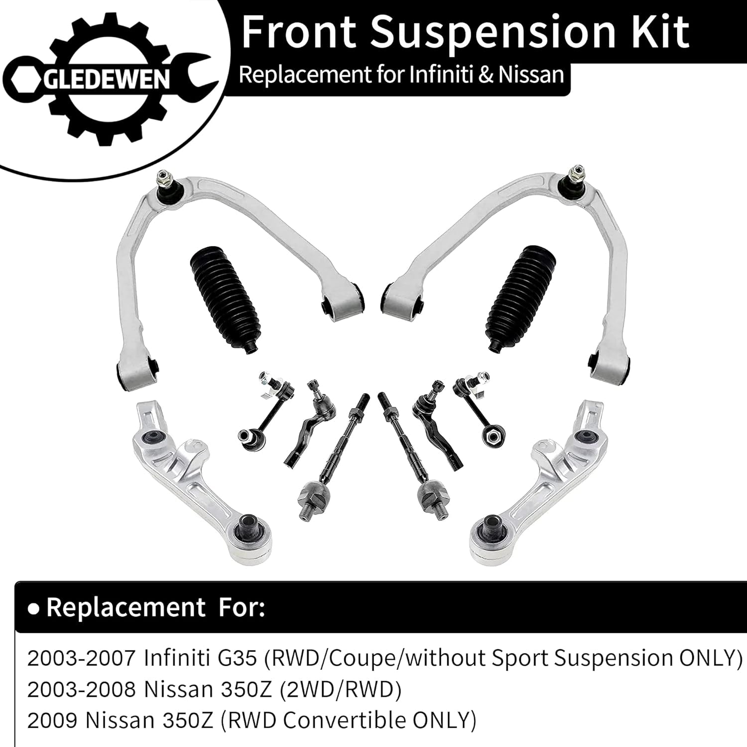 Front Suspension Kit, Compatible with 2003-2009 Infiniti G35 Coupe, Nissan 350Z, W/Front Control Arm Assembly & Sway Bar End Link & Tie Rod End & Rack and Pinion Bellow Boots (14PCS), K621690 K621936