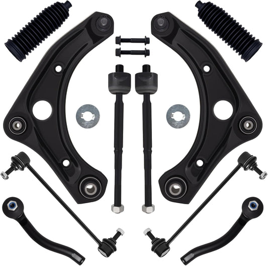 10Pc Front End Suspension Kit Fit for 2012-2019 Ni-Ssan Versa, 14-19 Versa Note, 2 Lower Control Arm W/Ball Joint 2 Sway Bar Link 4 Outer & Inner Tie Rod End (# K621576 K621577 K750098 EV800862)