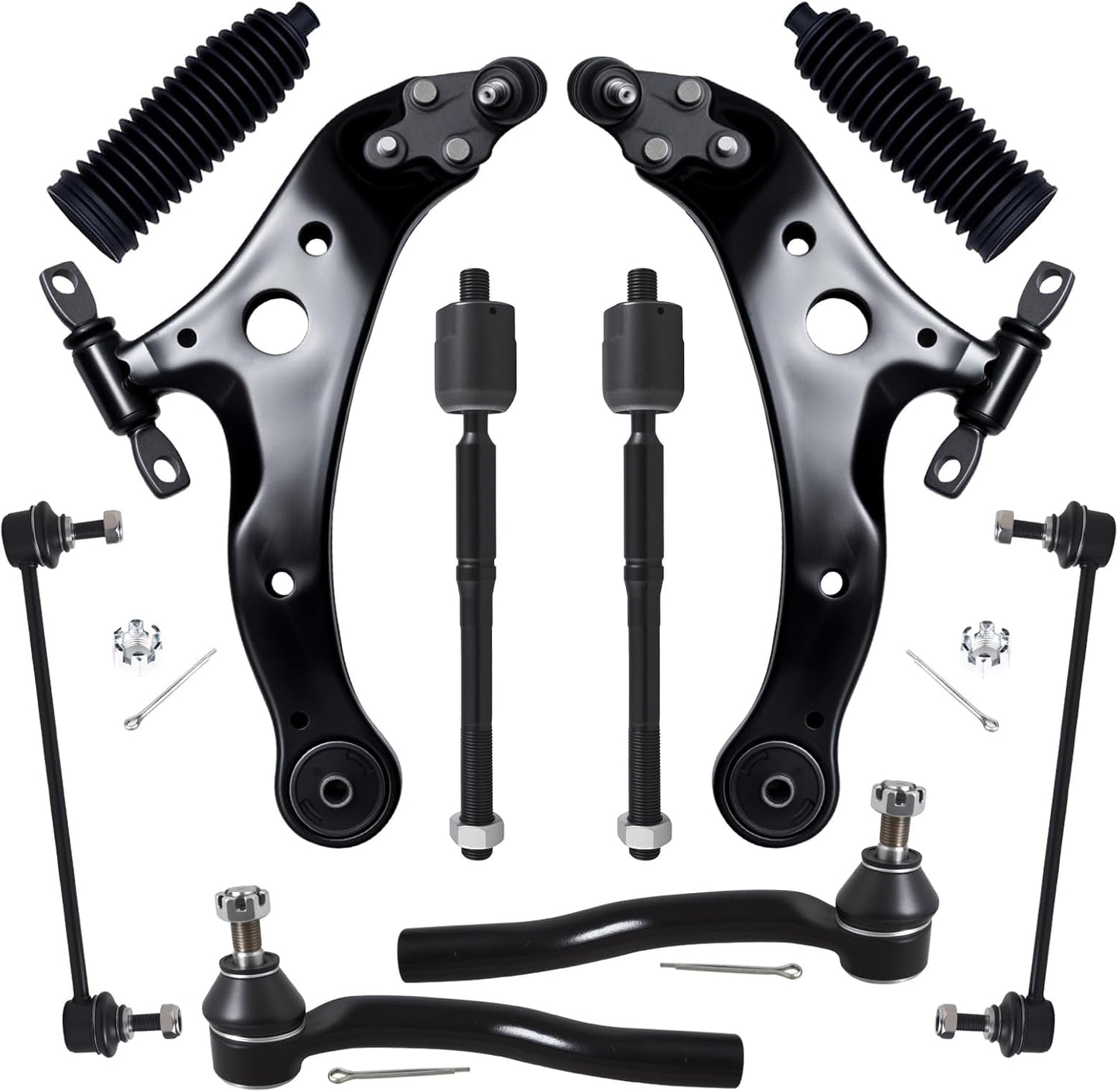 10Pcs Front End Kit Fit for 2012-2017 To-Yota Camry, 2013-2018 Avalon, 2 Lower Control Arm W/Ball Joint 2 Sway Bar Link 4 Outer Inner Tie Rod End (# K621476 K621477 K750123 EV801497 ES800930)