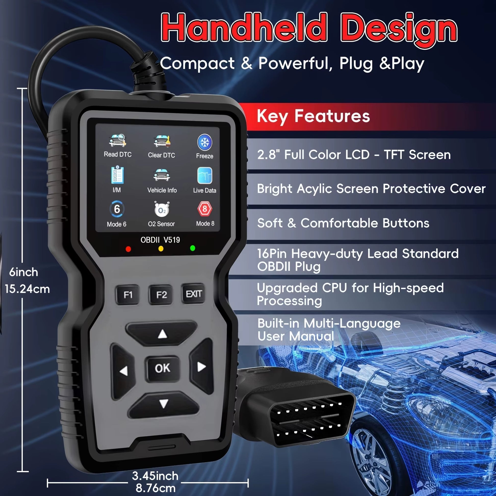 Professional Obd2 Diagnostic Tool Heavy Duty Vehicle Repair Tool - Code Reader/Resetter, Supports Real-Time Data Stream, No Battery Required, Compatible with Vehicles 1996 and up (Obdii/Eobd, Mode 6/8), Suitable for Mechanics, DIY Car Repair, Trucks, Motorcycles, Suvs - Compact Design, User-Friendly Controls, Robust Equipment, Obd Ii Reader, Automotive