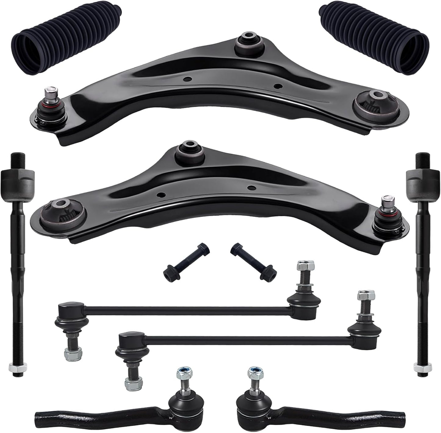 10Pc Suspension Kit Fit for 2007-2011 Ni-Ssan Versa, 09-14 Cube, 2 Front Lower Control Arm W/Ball Joint + 4 Outer Inner Tie Rod + 2 Sway Bar + 2 Boots [# K620566 K750098 EV800322 ES800248]