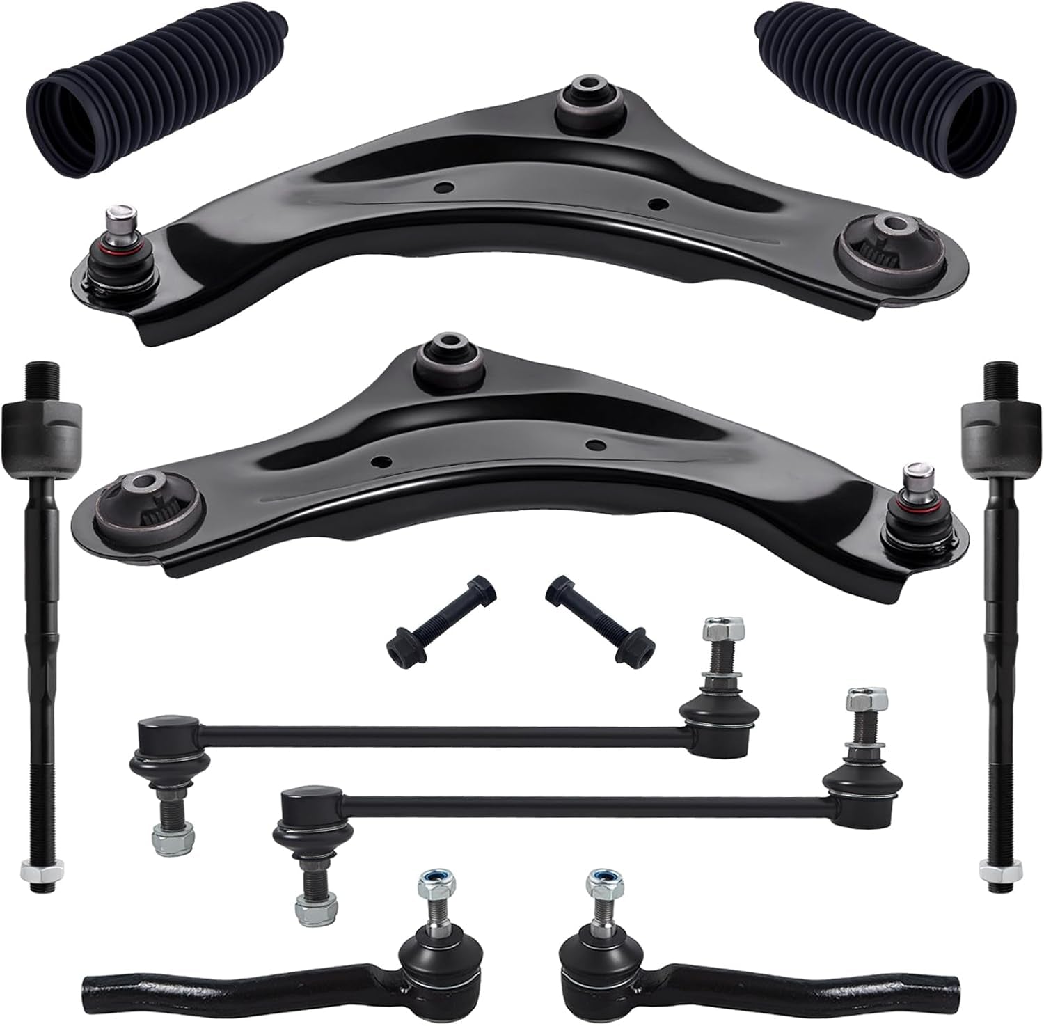 10Pc Suspension Kit Fit for 2007-2011 Ni-Ssan Versa, 09-14 Cube, 2 Front Lower Control Arm W/Ball Joint + 4 Outer Inner Tie Rod + 2 Sway Bar + 2 Boots [# K620566 K750098 EV800322 ES800248]