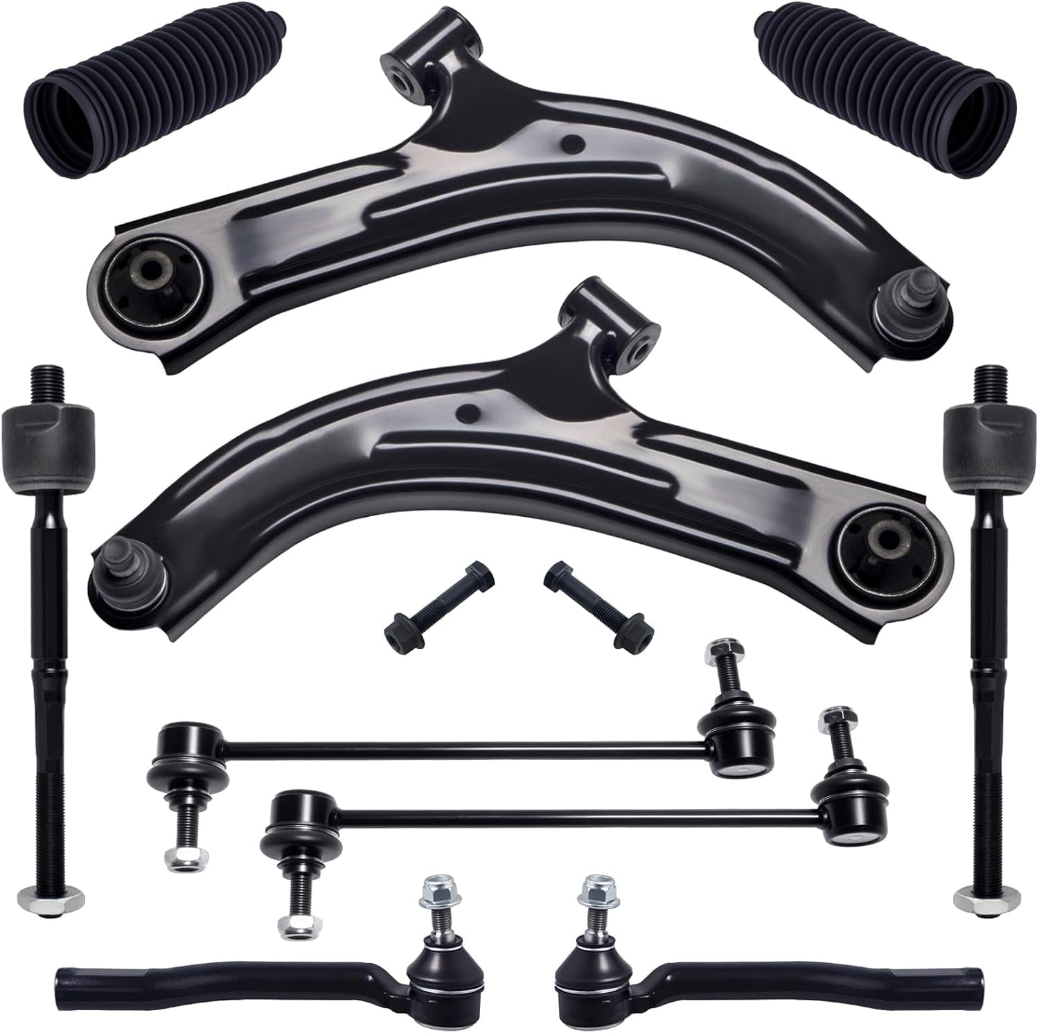 10Pc Suspension Kit Fit for 2007-2011 Ni-Ssan Versa, 09-14 Cube, 2 Front Lower Control Arm W/Ball Joint + 4 Outer Inner Tie Rod + 2 Sway Bar + 2 Boots [# K620566 K750098 EV800322 ES800248]