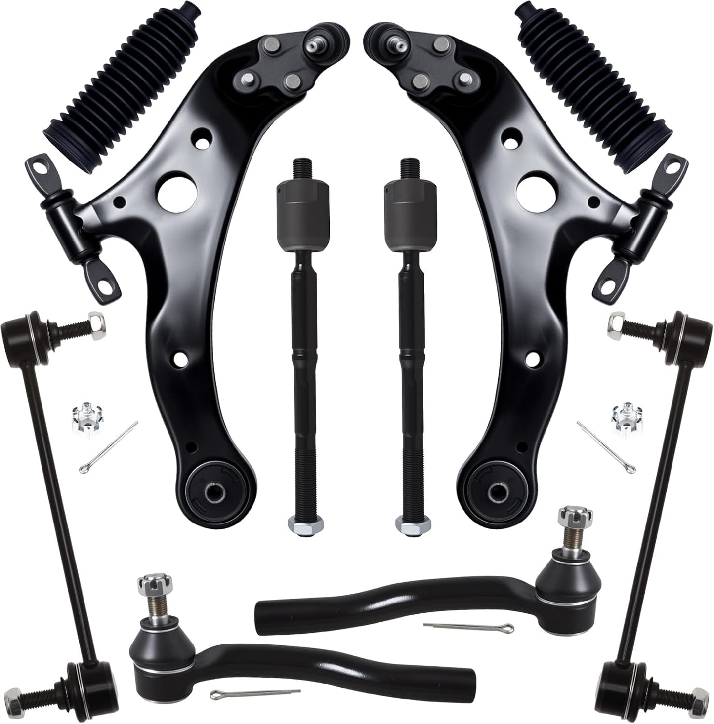 10Pcs Front End Kit Fit for 2012-2017 To-Yota Camry, 2013-2018 Avalon, 2 Lower Control Arm W/Ball Joint 2 Sway Bar Link 4 Outer Inner Tie Rod End (# K621476 K621477 K750123 EV801497 ES800930)