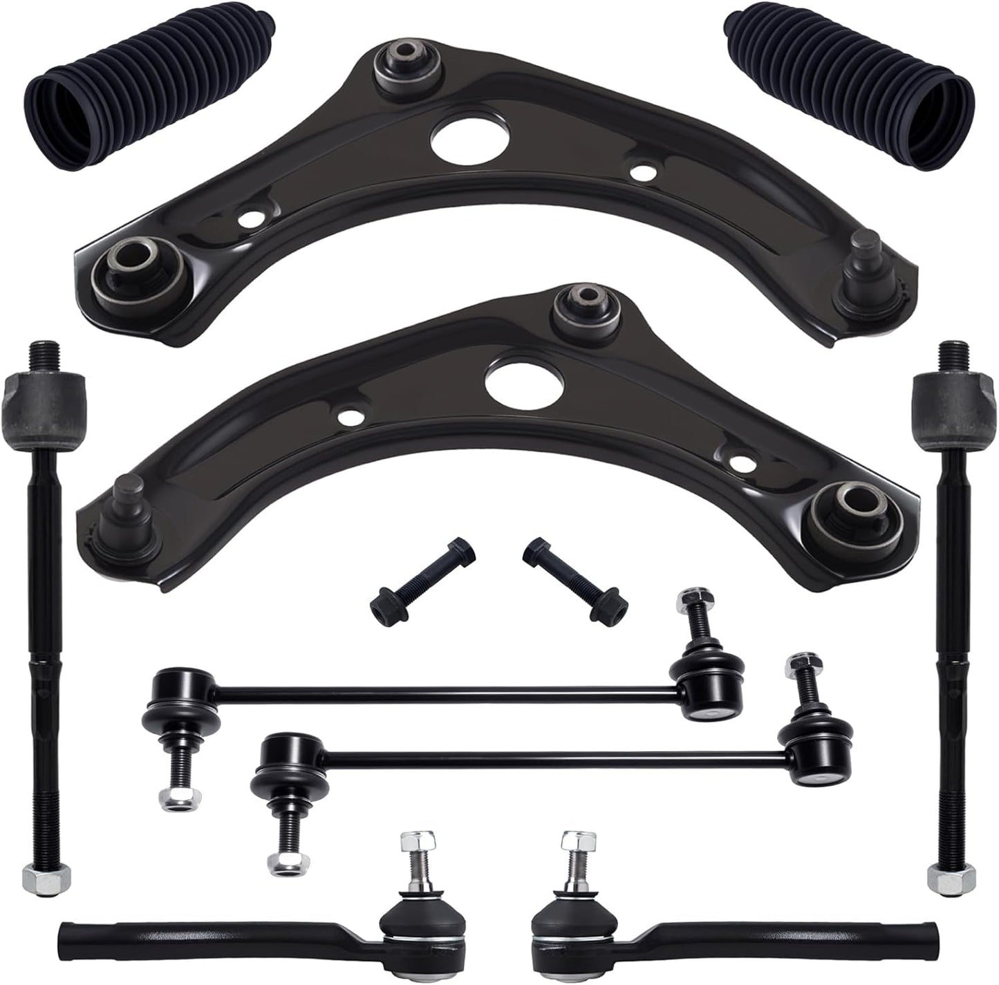 10Pc Suspension Kit Fit for 2007-2011 Ni-Ssan Versa, 09-14 Cube, 2 Front Lower Control Arm W/Ball Joint + 4 Outer Inner Tie Rod + 2 Sway Bar + 2 Boots [# K620566 K750098 EV800322 ES800248]