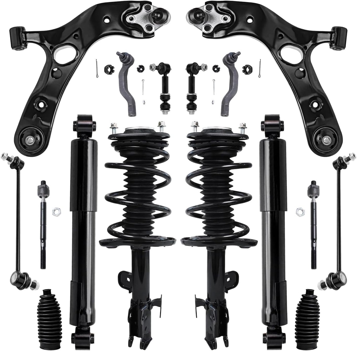- Front End 16Pc Suspension Kit for 2006-2012 Toyota RAV4, 2 Ready Struts, 2 Lower Control Arms, 4 Tie Rods 4 Front Rear Sway Bars 2 Rear Shock Absorbers 2 Boots Replacement [2.4L 2.5L]