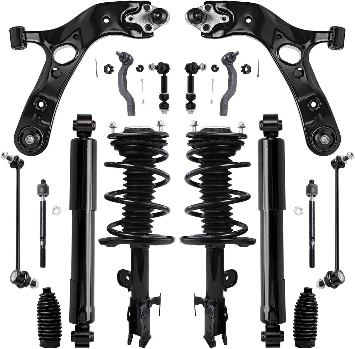 - Front End 16Pc Suspension Kit for 2006-2012 Toyota RAV4, 2 Ready Struts, 2 Lower Control Arms, 4 Tie Rods 4 Front Rear Sway Bars 2 Rear Shock Absorbers 2 Boots Replacement [2.4L 2.5L]