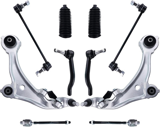 10Pcs Front Suspension Lower Control Arm W/Ball Joint Bushings Sway Bar Link Inner Outer Tie Rod Rack & Pinion Boot Replacement for 2009-2014 Nissan Murano K622157 K622158