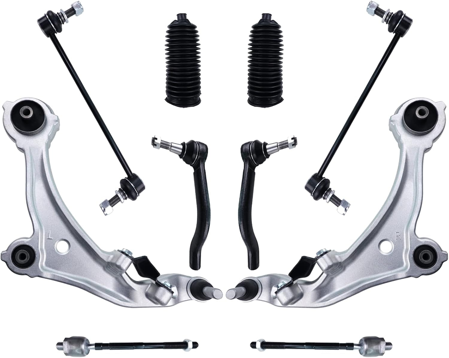 10Pcs Front Suspension Lower Control Arm W/Ball Joint Bushings Sway Bar Link Inner Outer Tie Rod Rack & Pinion Boot Replacement for 2009-2014 Nissan Murano K622157 K622158