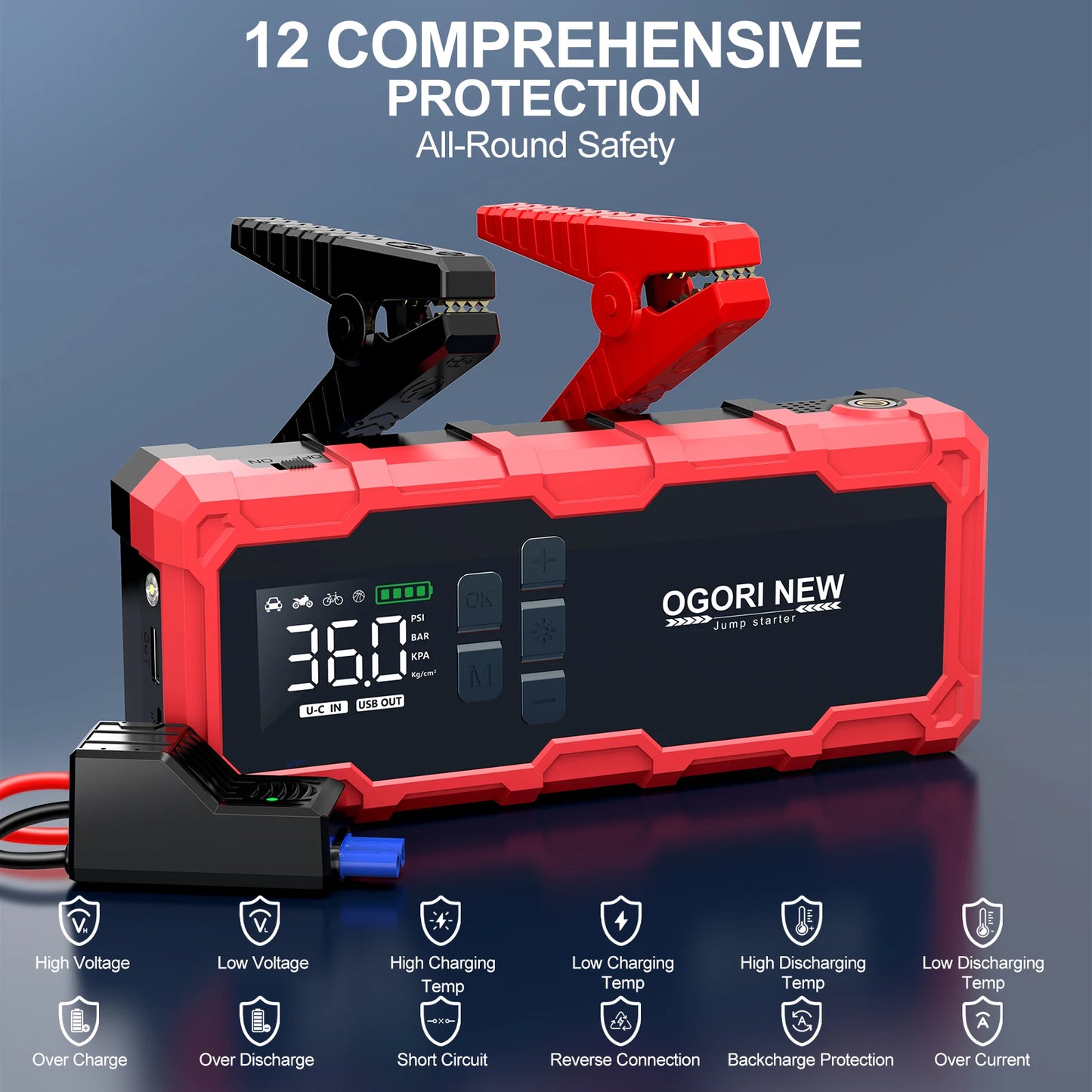 Car Jump Starter Power Bank Portable Air Pump and Compressor with Flashlight for Car Emergency Jump Starter