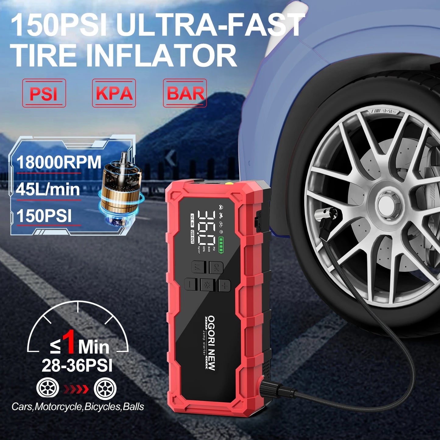 Car Jump Starter Power Bank Portable Air Pump and Compressor with Flashlight for Car Emergency Jump Starter