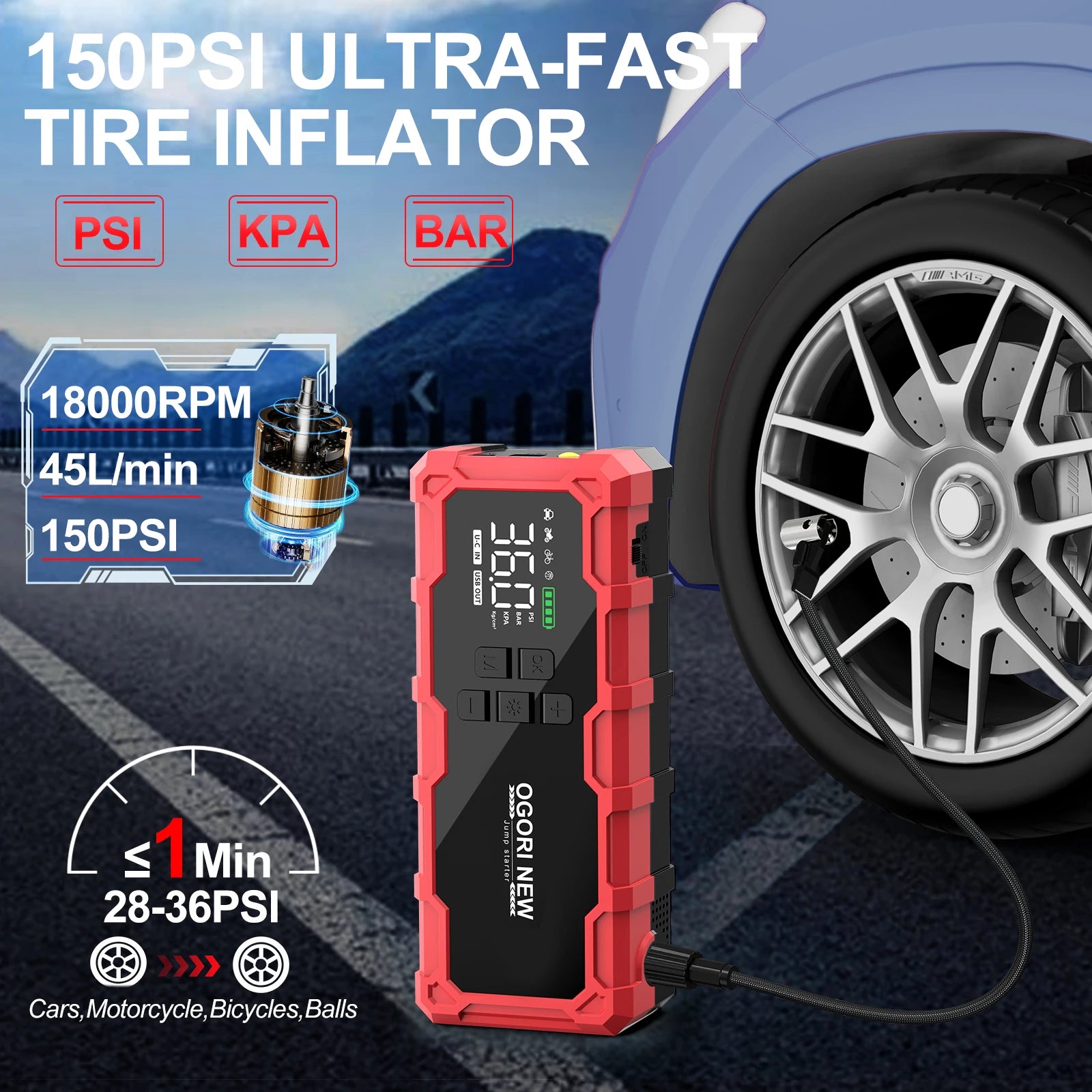 Car Jump Starter Power Bank Portable Air Pump and Compressor with Flashlight for Car Emergency Jump Starter