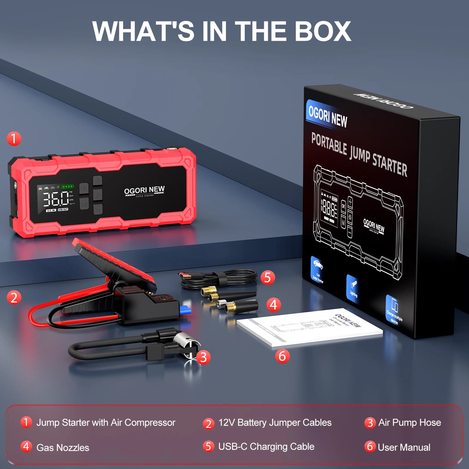 Car Jump Starter Power Bank Portable Air Pump and Compressor with Flashlight for Car Emergency Jump Starter