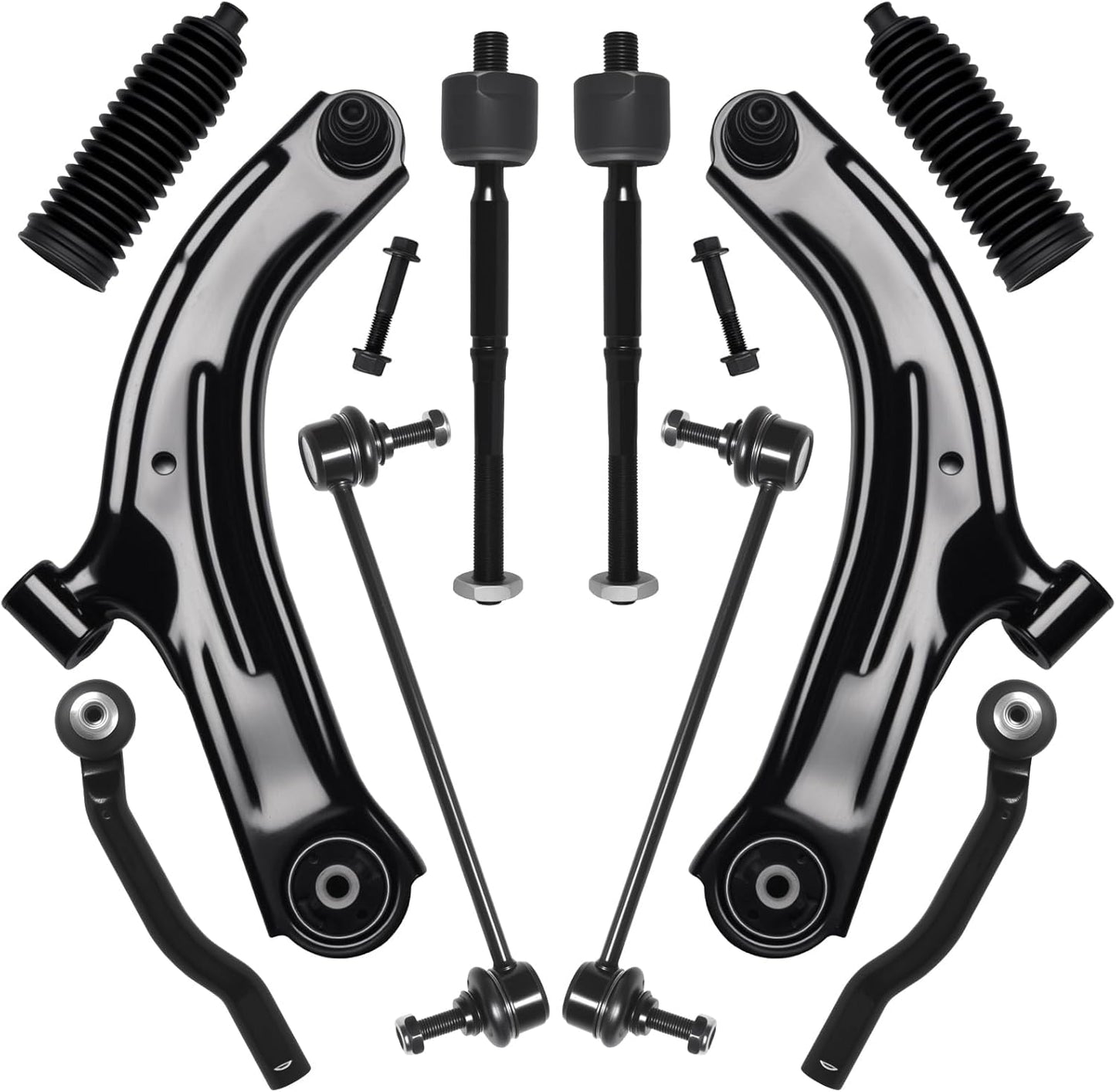 10Pcs Front End Suspension Kit Fit for 2007-2011 Ni-Ssan Versa, 2009-2014 Cube, 2 Lower Control Arm W/Ball Joint 2 Sway Bar Link 4 Outer & Inner Tie Rod End (# K620566 K750098 EV800322 ES800248)
