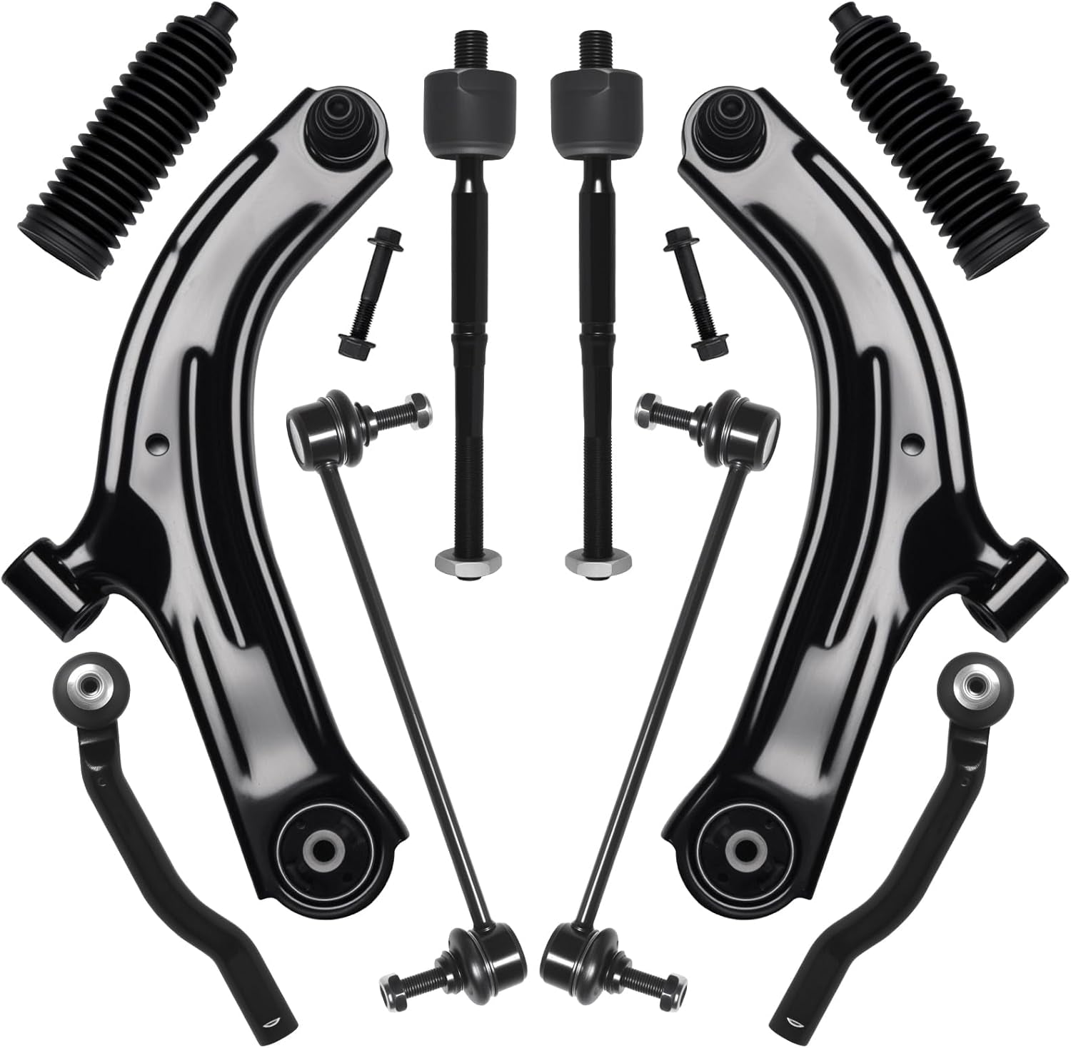 10Pcs Front End Suspension Kit Fit for 2007-2011 Ni-Ssan Versa, 2009-2014 Cube, 2 Lower Control Arm W/Ball Joint 2 Sway Bar Link 4 Outer & Inner Tie Rod End (# K620566 K750098 EV800322 ES800248)