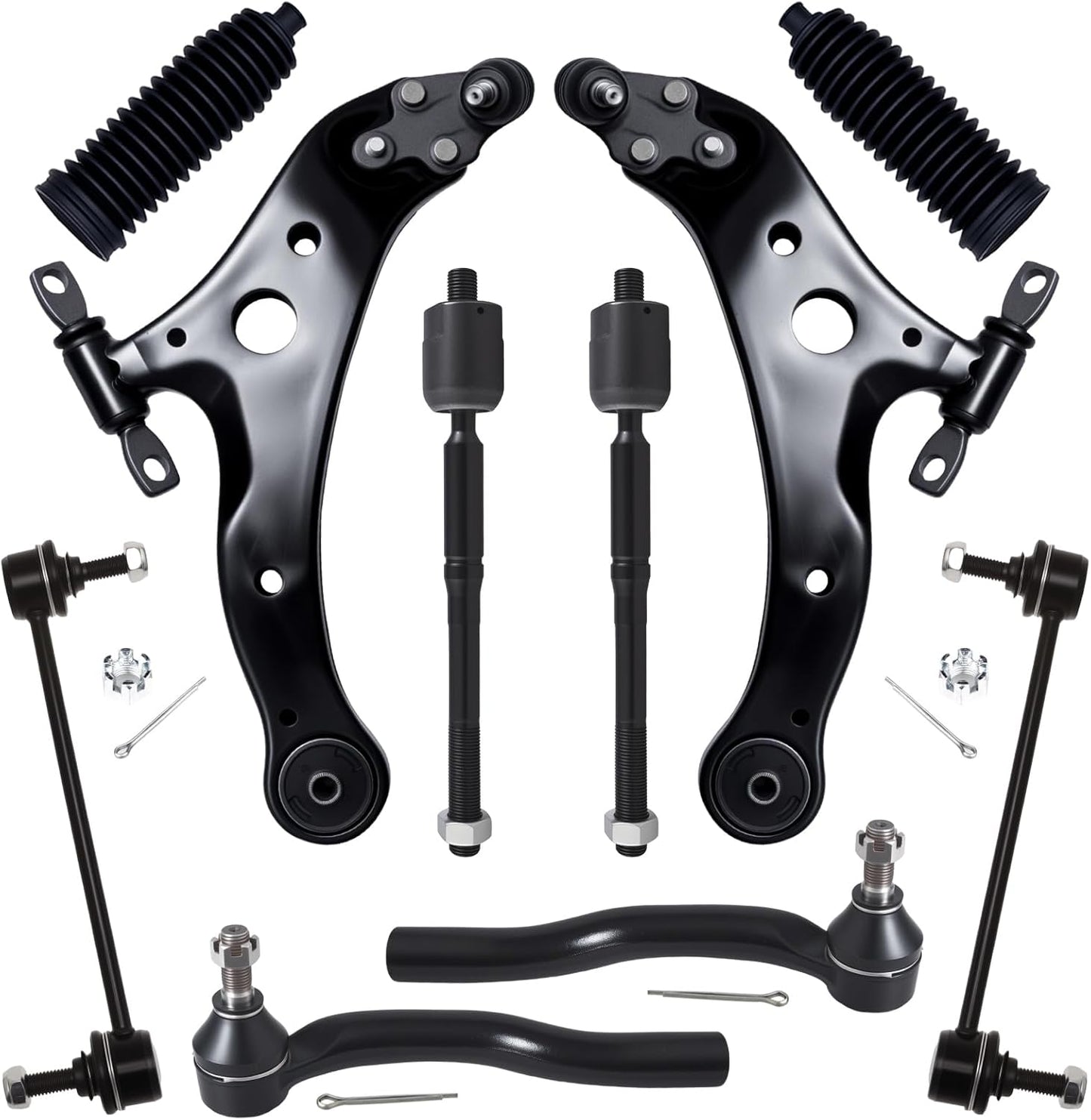 10Pcs Front End Kit Fit for 2012-2017 To-Yota Camry, 2013-2018 Avalon, 2 Lower Control Arm W/Ball Joint 2 Sway Bar Link 4 Outer Inner Tie Rod End (# K621476 K621477 K750123 EV801497 ES800930)