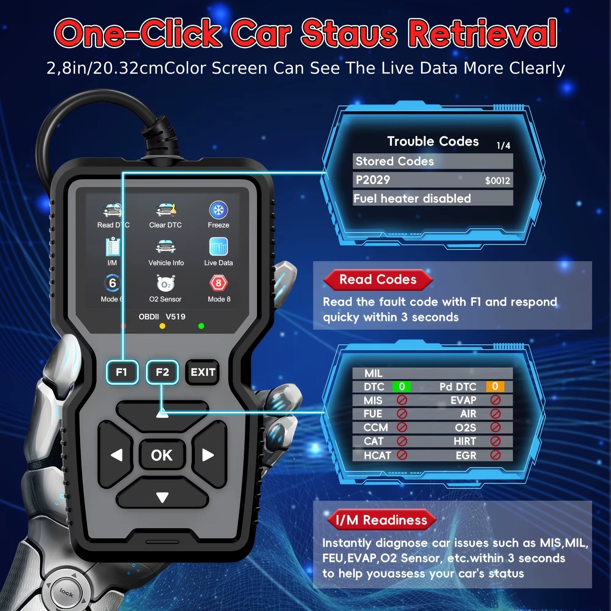 Professional Obd2 Diagnostic Tool Heavy Duty Vehicle Repair Tool - Code Reader/Resetter, Supports Real-Time Data Stream, No Battery Required, Compatible with Vehicles 1996 and up (Obdii/Eobd, Mode 6/8), Suitable for Mechanics, DIY Car Repair, Trucks, Motorcycles, Suvs - Compact Design, User-Friendly Controls, Robust Equipment, Obd Ii Reader, Automotive