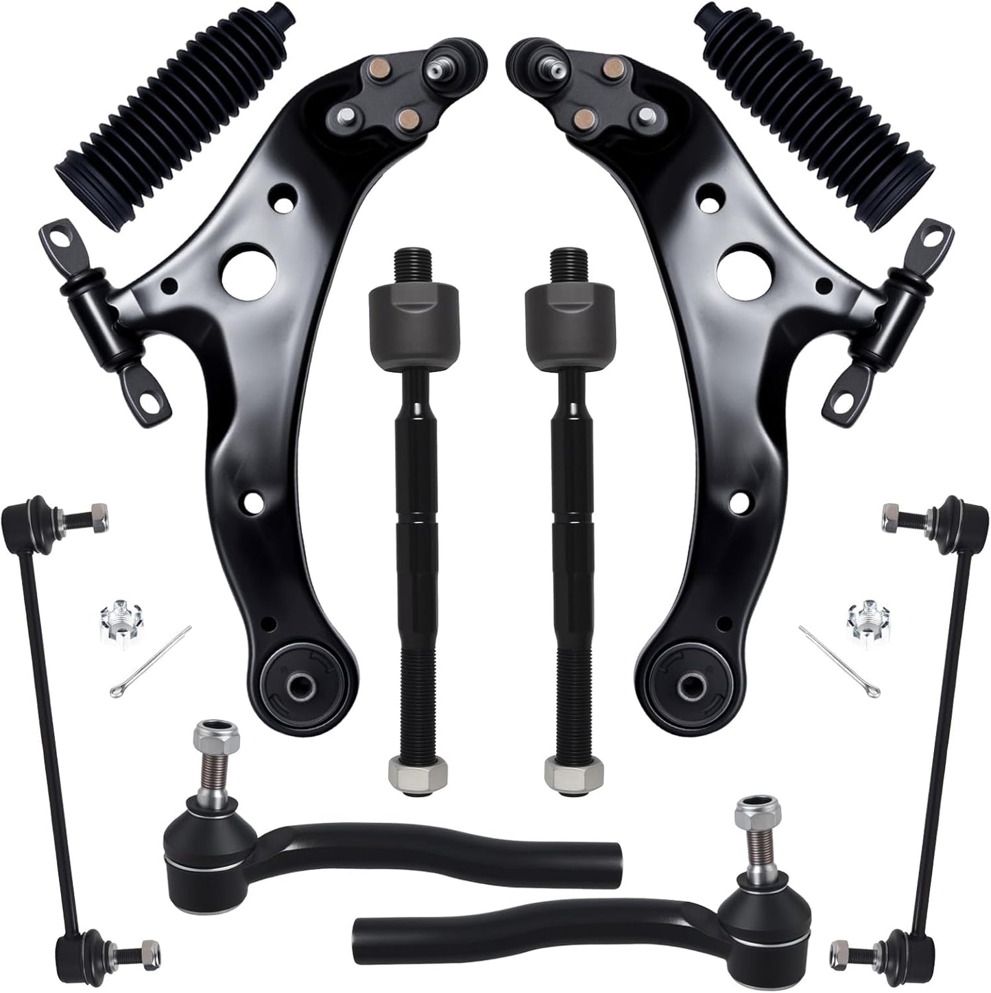10Pcs Front End Kit Fit for 2012-2017 To-Yota Camry, 2013-2018 Avalon, 2 Lower Control Arm W/Ball Joint 2 Sway Bar Link 4 Outer Inner Tie Rod End (# K621476 K621477 K750123 EV801497 ES800930)