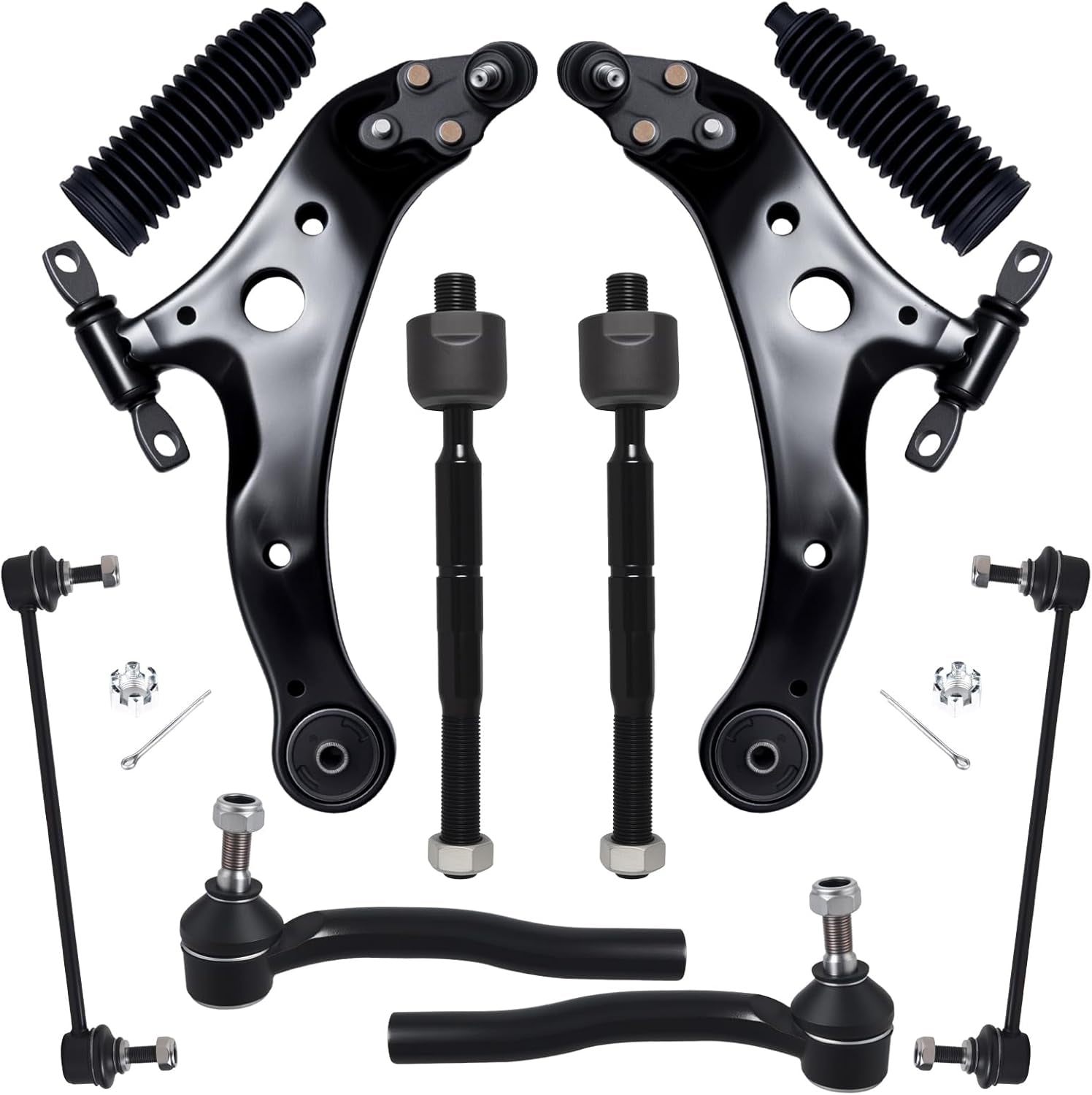 10Pcs Front End Kit Fit for 2012-2017 To-Yota Camry, 2013-2018 Avalon, 2 Lower Control Arm W/Ball Joint 2 Sway Bar Link 4 Outer Inner Tie Rod End (# K621476 K621477 K750123 EV801497 ES800930)